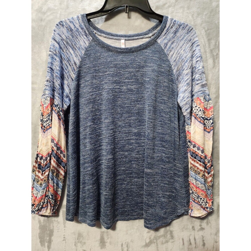 JW Sweater Womens M Blue Heathered Chiffon Like Sleeves Comfy Classic Boho